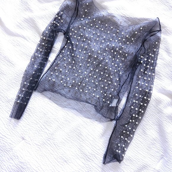 Women's Pearl Rhinestone See Through Long Sleeve Mesh Blouse Black - Picture 6 of 8